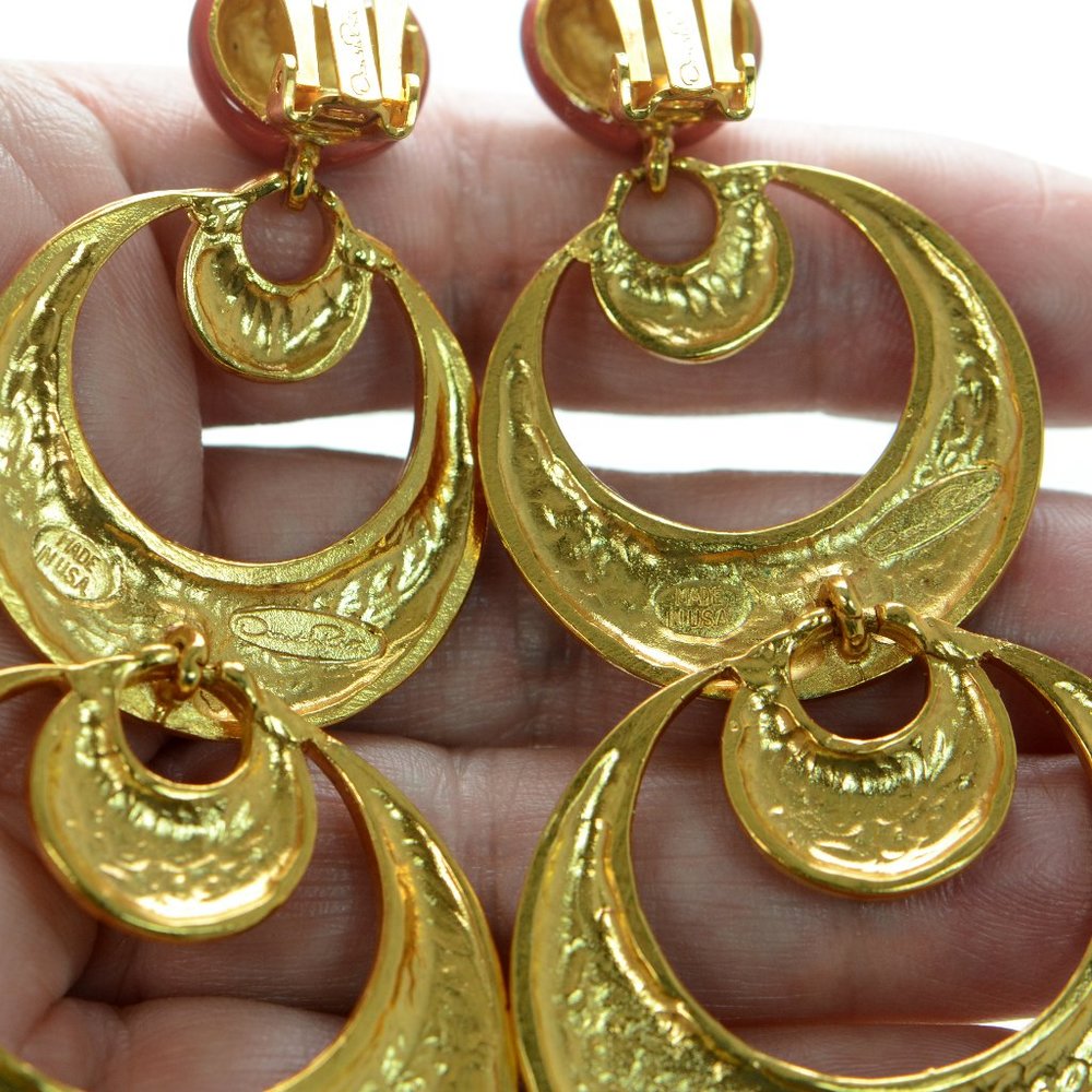 Oscar de la Renta Gold-tone Red Enamel Moon Drop Large Earrings - Picture 5 of 5